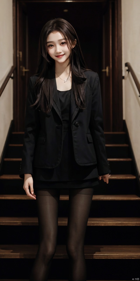best quality, masterpiece, cowboy_shot,(Good structure), DSLR Quality,Depth of field,kind smile,looking_at_viewer,Dynamic pose, 
guanxiaotong, 1girl, solo, , black hair, pantyhose, stairs, long hair,, ,jacket, cigarette, looking at viewer, black pantyhose, blackpantyhose