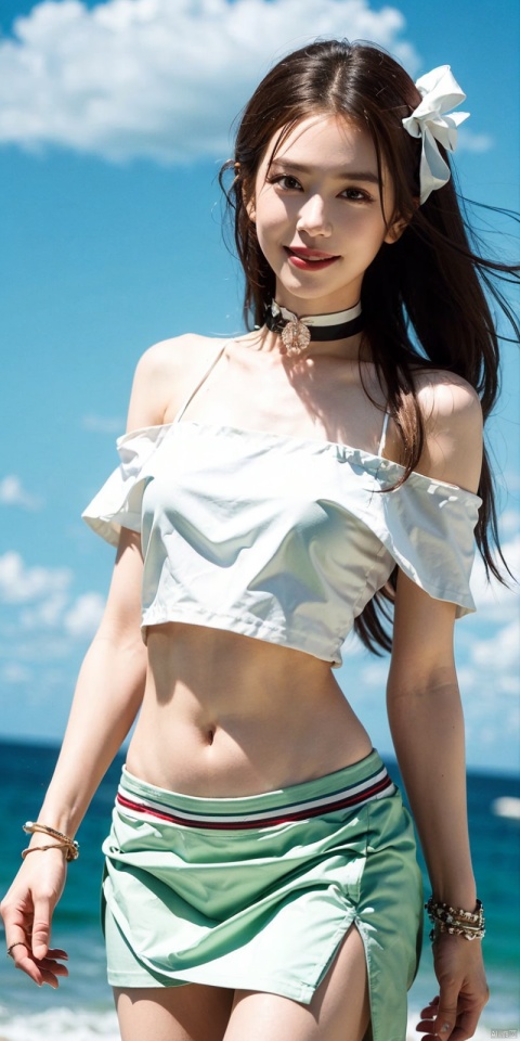  best quality, masterpiece, cowboy_shot,(Good structure), DSLR Quality,Depth of field,kind smile,looking_at_viewer,Dynamic pose, 
,Short skirt,Blue sky, white clouds, ocean, nai3, 1girl, solo, crop top, , choker, navel, shirt, midriff, crop top overhang, looking at viewer, white shirt, jewelry, breasts, bare shoulders, off-shoulder shirt, off shoulder, black choker, thighs, stomach, long hair, bracelet, short sleeves, ribbon, hand up, collarbone, hair ribbon, medium breasts, , bra strap, , hair ornament, thigh gap, necklace, expressionless, ,, ,, , nike