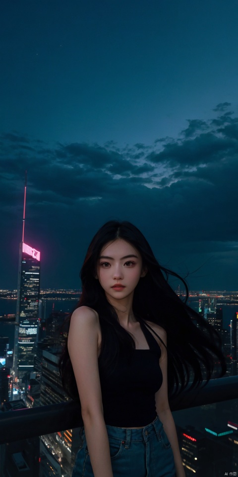  neonpunk style Neon noir leogirl,hANMEIMEI,realistic photography,,On the rooftop of a towering skyscraper,a girl stands,facing the camera directly. Behind her,a multitude of skyscrapers stretches into the distance,creating a breathtaking urban panorama. It's the perfect dusk moment,with the evening sun casting a warm glow on the girl's face,intensifying the scene's impact. The photo captures a sense of awe,with the sharpness and realism making every detail vivid and clear,Hair fluttered in the wind,long hair,halterneck, . cyberpunk, vaporwave, neon, vibes, vibrant, stunningly beautiful, crisp, detailed, sleek, ultramodern, magenta highlights, dark purple shadows, high contrast, cinematic, ultra detailed, intricate, professional, Light master,, , yunv