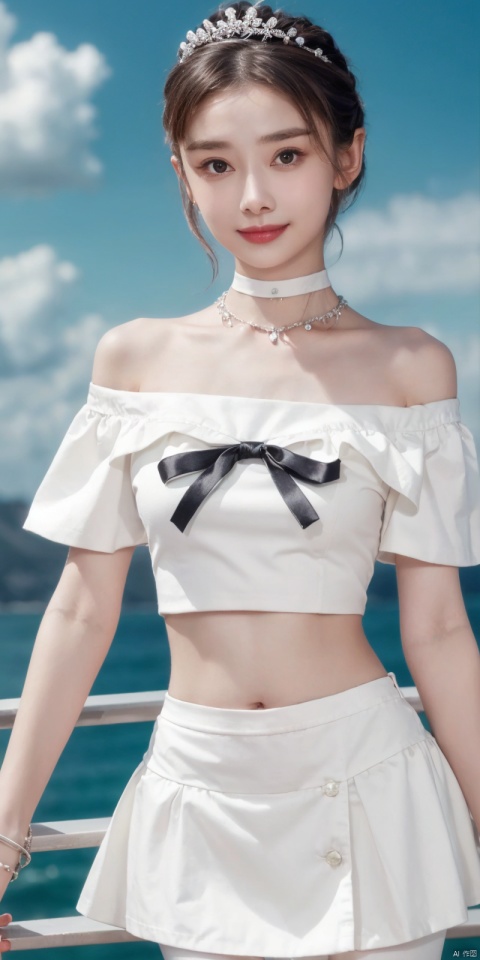 best quality, masterpiece, cowboy_shot,(Good structure), DSLR Quality,Depth of field,kind smile,looking_at_viewer,Dynamic pose, 
,Short skirt,Blue sky, white clouds, ocean, nai3, 1girl, solo, crop top, , choker, navel, shirt, midriff, crop top overhang, looking at viewer, white shirt, jewelry, breasts, bare shoulders, off-shoulder shirt, off shoulder, black choker, thighs, stomach, long hair, bracelet, short sleeves, ribbon, hand up, collarbone, hair ribbon, medium breasts, , bra strap, , hair ornament, thigh gap, necklace, expressionless, ,, ,, , , heben