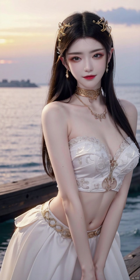  (Good structure),cowboy_shot, DSLR Quality,Depth of field ,looking_at_viewer,Dynamic pose, , kind smile,,
1girl, solo, long hair, , looking at viewer, skirt, hair ornament, bare shoulders, jewelry, , black hair, earrings, outdoors, midriff, water, necklace, lips, crop top, grey eyes, leaning forward, ocean, white skirt, strapless vest, sunset, sun, , , meidusha, , weddingdress