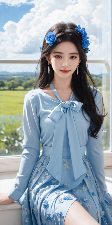  best quality, masterpiece, realistic,cowboy_shot,(Good structure), DSLR Quality,Depth of field,kind smile,looking_at_viewer,Dynamic pose, 
Highest quality, 8K, 1 girl, arm support, Bangs, Blue Bow, blue eyes, blue flowers, blue tie, Blue Ribbon, blue rose, blue dress, Blue Sky, , clouds, Cloudy Sky, day, earrings, flowers, ornament, hair between eyes, white hair, hair ornament, interior, jewelry, long hair, long sleeves, look at audience, medium chest, neck ribbon, open window, petals, ribbon, rose, shirt, sit, skirt, sky, solo, very long hair, white shirt, window, liuyifei, 