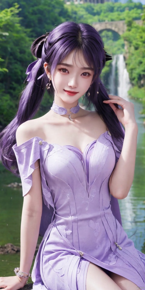 best quality, masterpiece, realistic,cowboy_shot,(Good structure), DSLR Quality,Depth of field,kind smile,looking_at_viewer,Dynamic pose, 
1girl, solo, long hair, breasts, looking at viewer, bangs,   hair ornament, dress, ribbon,  , bare shoulders, twintails, jewelry, medium breasts, sitting, very long hair, purple eyes, collarbone, hair ribbon, purple hair, flower, thighs, earrings, outdoors, parted lips, sleeveless, choker, hand up, hair flower, water,  white dress, bare arms, petals,  , sleeveless dress, black choker, short dress, frilled dress, white flower, purple ribbon, spaghetti strap,
 ,purple_hair, , jiziyue, dress,blue_dress