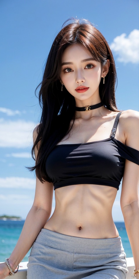  cowboy_shot,(Good structure), DSLR Quality,Short skirt,Blue sky, white clouds, ocean, nai3, 1girl, solo, crop top, , choker, navel, shirt, midriff, crop top overhang, looking at viewer, white shirt, jewelry, breasts, bare shoulders, off-shoulder shirt, off shoulder, black choker, thighs, stomach, long hair, bracelet, short sleeves, ribbon, hand up, collarbone, hair ribbon, medium breasts, , bra strap, , hair ornament, thigh gap, necklace, expressionless, , ,kind smile, ,  , sunyunzhu