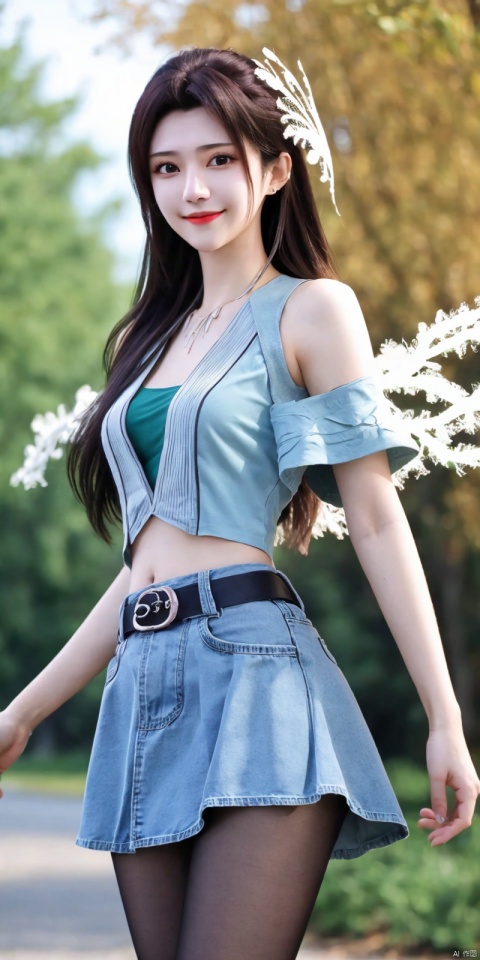  best quality, masterpiece, cowboy_shot,(Good structure), DSLR Quality,Depth of field,kind smile,looking_at_viewer,Dynamic pose,
 1girl, 3d, bare_shoulders, belt, blurry, blurry_background, blurry_foreground, branch, , , , collarbone, cosplay_photo, denim, denim_skirt, depth_of_field, , lips, long_hair, looking_at_viewer, midriff, miniskirt, motion_blur, navel, outdoors, photo_\(medium\), realistic, skirt, solo, standing, tree, , , , , yunyun, blackpantyhose,wings
