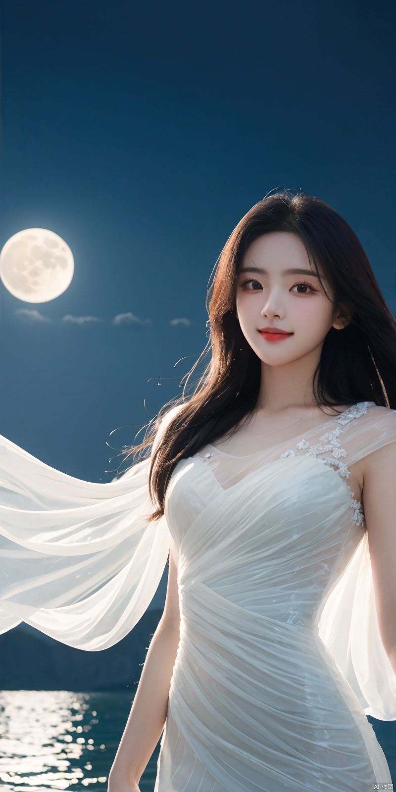  best quality, masterpiece, cowboy_shot,(Good structure), DSLR Quality,Depth of field,kind smile,looking_at_viewer,Dynamic pose, 
1 girl,(translucent white gauze dress:1.3), (moon), moonlight, water surface, long hair, windy, yangchaoyue