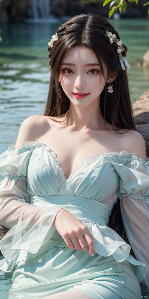  best quality, masterpiece, realistic,,(Good structure), DSLR Quality,Depth of field,kind smile,looking_at_viewer,Dynamic pose, 
1girl, solo, long hair, looking at viewer, bangs, brown hair, long sleeves, dress, ribbon, green eyes, collarbone, hair ribbon, flower, outdoors, lying, parted lips, puffy sleeves, on back, water, white dress, red ribbon, parted bangs, petals, white flower, partially submerged, layered sleeves, short over long sleeves, liuyifei,lichun, jiangli