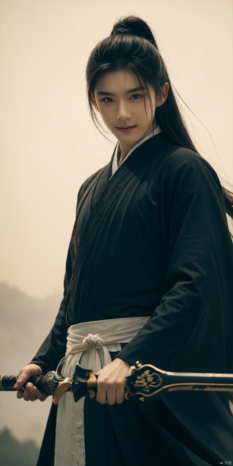  best quality, masterpiece, cowboy_shot,(Good structure), DSLR Quality,Depth of field,kind smile,looking_at_viewer,Dynamic pose, 
sdmai, wuxia, Chinese ink painting, artistic ink painting, Chinese martial arts films, wearing black robes, fighting posture, cinematic grandeur, splashing details, wild and powerful, solo, weapon, black hair, sword, long hair, male focus, looking at viewer, 1boy, scar, asuo, ((poakl)), 1girl