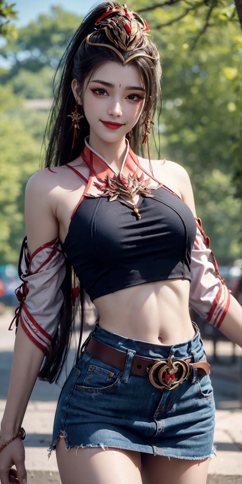  best quality, masterpiece, cowboy_shot,(Good structure), DSLR Quality,Depth of field,kind smile,looking_at_viewer,Dynamic pose,
 1girl, 3d, bare_shoulders, belt, blurry, blurry_background, blurry_foreground, branch, , , collarbone, cosplay_photo, denim, denim_skirt, depth_of_field, lips, long_hair, looking_at_viewer, midriff, miniskirt, motion_blur, navel, outdoors, photo_\(medium\), realistic, skirt, solo, standing, tree, , , jiujiu