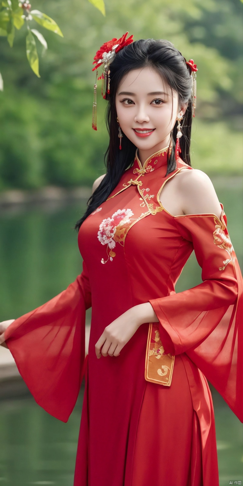 best quality, masterpiece, realistic,cowboy_shot,(Good structure), DSLR Quality,Depth of field,kind smile,looking_at_viewer,Dynamic pose, 
1girl, solo,  , looking at viewer, smile, large breasts, black hair, hair ornament, dress,  , bare shoulders, jewelry, flower, earrings, outdoors, detached sleeves, hair flower, water, clothing cutout, chinese clothes, red dress,  , china dress, zhulin