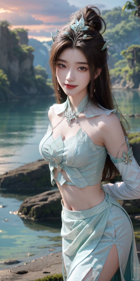  (Good structure),cowboy_shot, DSLR Quality,Depth of field ,looking_at_viewer,Dynamic pose, , kind smile,,
1girl, solo, long hair, , looking at viewer, skirt, hair ornament, bare shoulders, jewelry, , black hair, earrings, outdoors, midriff, water, necklace, lips, crop top, grey eyes, leaning forward, ocean, white skirt, strapless vest, sunset, sun, , yanruyu