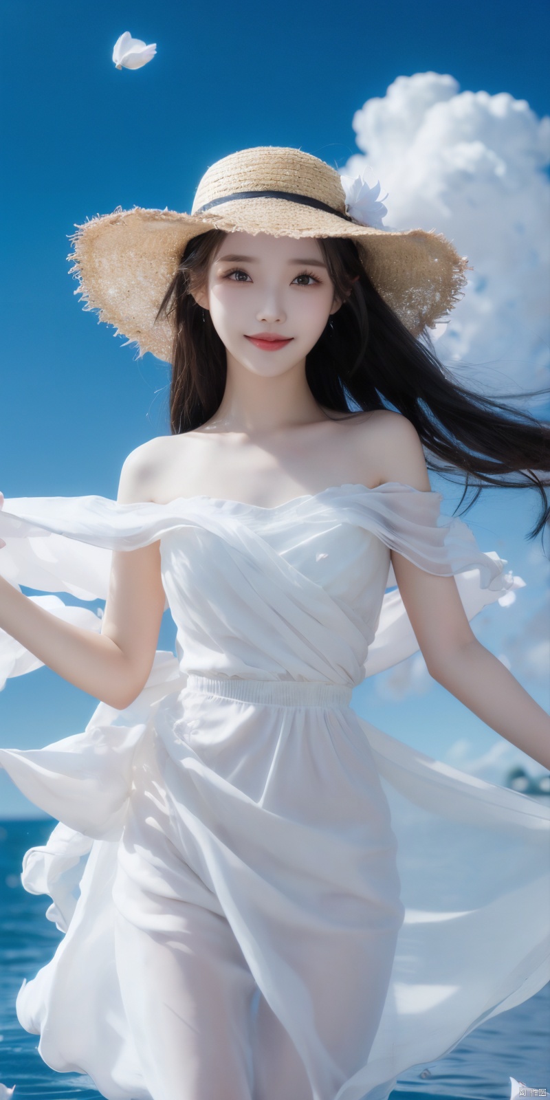 best quality, masterpiece, cowboy_shot,(Good structure), DSLR Quality,Depth of field,kind smile,looking_at_viewer,Dynamic pose, 
, depth of field, (1girl:1.2), , very long hair, low twintails, yellow eyes, light smile, Straw hat, looking at viewer,
white shirt, white skirt, (flying white chiffon:1.5), bare shoulder,
(flying blue petals:1.2), (standing above water surface), sky background, (cloud:1.2), white bird, floating water drops, (white border:1.2)
, backlight,lizhien