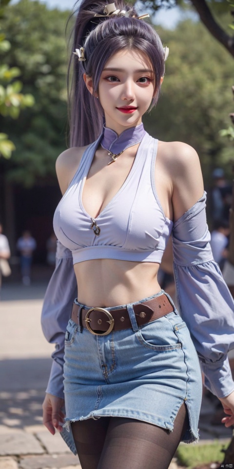  best quality, masterpiece, cowboy_shot,(Good structure), DSLR Quality,Depth of field,kind smile,looking_at_viewer,Dynamic pose,
 1girl, 3d, bare_shoulders, belt, blurry, blurry_background, blurry_foreground, branch, , , , collarbone, cosplay_photo, denim, denim_skirt, depth_of_field, , lips, long_hair, looking_at_viewer, midriff, miniskirt, motion_blur, navel, outdoors, photo_\(medium\), realistic, skirt, solo, standing, tree, , , , , hanyue, high ponytail, purple hair, blackpantyhose