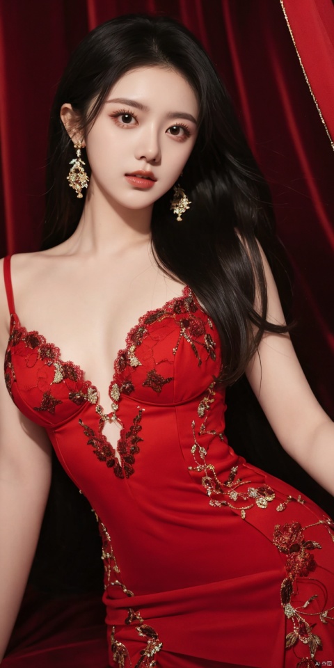  best quality, masterpiece, 
1girl, solo, long hair, breasts, looking at viewer, black hair, dress, jewelry, earrings,lace, red dress, realistic