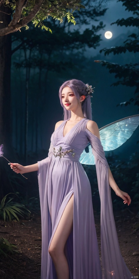  best quality, masterpiece, realistic,full_body,(Good structure), DSLR Quality,Depth of field,kind smile,looking_at_viewer,Dynamic pose, 
, professional camera, 8k photos, wallpaper 1 girl, solo,purple hair,ethereal fairy, floating on clouds, sparkling gown with iridescent butterfly wings, holding a magic wand, surrounded by dancing fireflies, twilight sky, full moon, mystical forest in the background, glowing mushrooms, enchanted flowers, softly illuminated by bioluminescence, serene expression, delicate features with pointed ears, flowing silver hair adorned with tiny stars, gentle breeze causing her dress and hair to flow ethereally, dreamlike atmosphere, surreal color palette, high dynamic range lighting, intricate details, otherworldly aesthetic.
, hand, hanyue