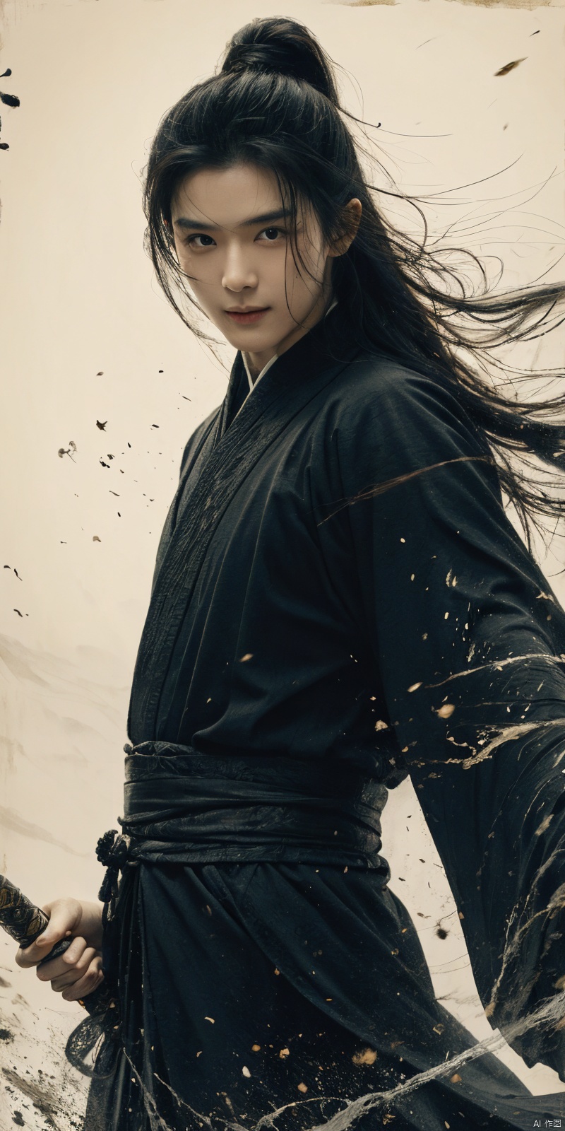  best quality, masterpiece, cowboy_shot,(Good structure), DSLR Quality,Depth of field,kind smile,looking_at_viewer,Dynamic pose, 
sdmai, wuxia, Chinese ink painting, artistic ink painting, Chinese martial arts films, wearing black robes, fighting posture, cinematic grandeur, splashing details, wild and powerful, solo, weapon, black hair, sword, long hair, male focus, looking at viewer, 1boy, scar, asuo, ((poakl)), 1girl