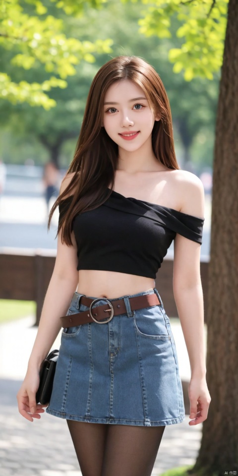  best quality, masterpiece, cowboy_shot,(Good structure), DSLR Quality,Depth of field,kind smile,looking_at_viewer,Dynamic pose,
 1girl, 3d, bare_shoulders, belt, blurry, blurry_background, blurry_foreground, branch, , , , collarbone, cosplay_photo, denim, denim_skirt, depth_of_field, , lips, long_hair, looking_at_viewer, midriff, miniskirt, motion_blur, navel, outdoors, photo_\(medium\), realistic, skirt, solo, standing, tree, , , , blackpantyhose, , , heiguafu,brown_hair
