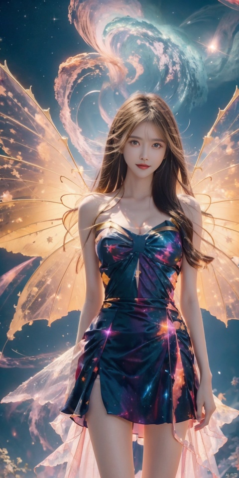  best quality, masterpiece, cowboy_shot,(Good structure), DSLR Quality,Depth of field,kind smile,looking_at_viewer,Dynamic pose, 
, 1girl, wings, solo, nebula wings, , long hair, navel, dress, pink wings, looking at viewer, star \(sky\), , , bare shoulders, sky, starry sky, collarbone, realistic, nebula,,, , xuancaiqun, , , wangyushan