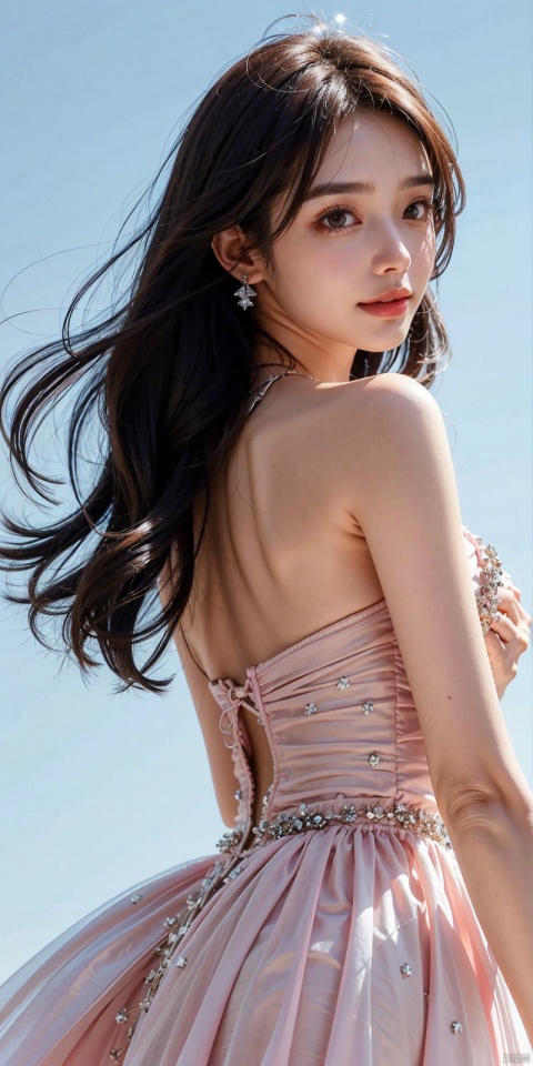  (Good structure),cowboy_shot, DSLR Quality,Depth of field ,looking_at_viewer,Dynamic pose, , kind smile,1girl,solo,beautiful face,brown eyes,brown hair,lips,bare shoulders,collarbone,Milky skin,shiny skin,diamond pendant,diamond earrings,floating long hair,looking back, , dress,see through,blue sky,white clouds,lightyellow and lightpink flowers,light particles,sparkle,realistic,ultra realistic and detailed,high detail texture,Ultra high quality,from_below,fisheye,constellation, ((poakl)), dress, 1girl, sunyunzhu