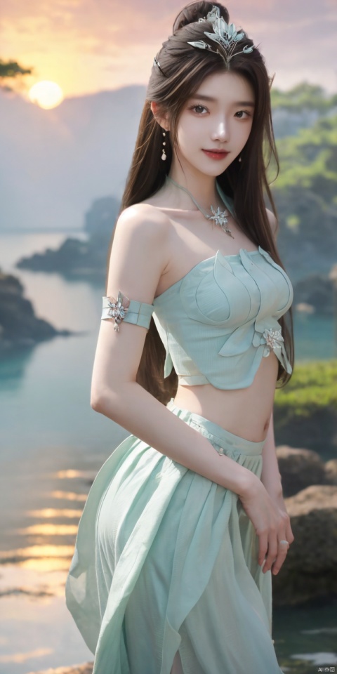  best quality, masterpiece, realistic,cowboy_shot,(Good structure), DSLR Quality,Depth of field,kind smile,looking_at_viewer,Dynamic pose, 
1girl, solo, long hair, , looking at viewer, skirt, hair ornament, bare shoulders, jewelry, , black hair, earrings, outdoors, midriff, water, necklace, lips, crop top, grey eyes, leaning forward, ocean, white skirt, strapless vest, sunset, sun, , , , , , yanruyu