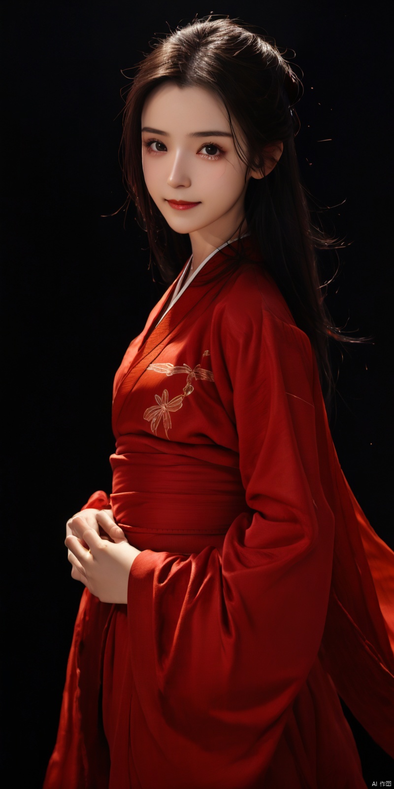  cowboy_shot, (Good structure), DSLR Quality,Depth of field ,looking_at_viewer,Dynamic pose, , kind smile,,
High detailed, masterpiece, A girl,  , solo, female focus：1.35, Tears in the eyes, [Shed tears], widow's peak, Long hair drifting away：1.5, Red, Hanfu|kimono）, /, Suspended red silk：1.35, BREAK, fine gloss,  , Oil painting texture, (Black Background: 1.3), bow-shaped hair,  , ray tracing, reflection light, anaglyph, motion blur, cinematic lighting, motion lines, Depth of field, ray tracing, sparkle, vignetting, UHD, 8K, best quality, textured skin, 1080P, ccurate, 1girl, hanikezi