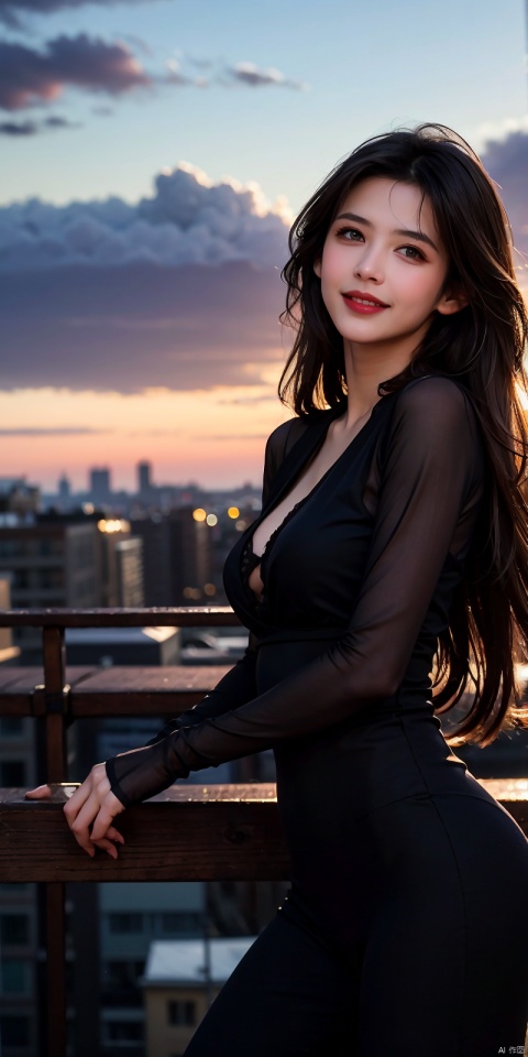 (Good structure),cowboy_shot, DSLR Quality,Depth of field ,looking_at_viewer,Dynamic pose, , kind smile,
,Frontal photography,Look front,evening,dark clouds,the setting sun,On the city rooftop,1girl,Black top,Black Leggings,black hair,long hair, dark theme, muted tones, pastel colors, high contrast, (natural skin texture, A dim light, high clarity), ((sky background)),((Facial highlights)),
