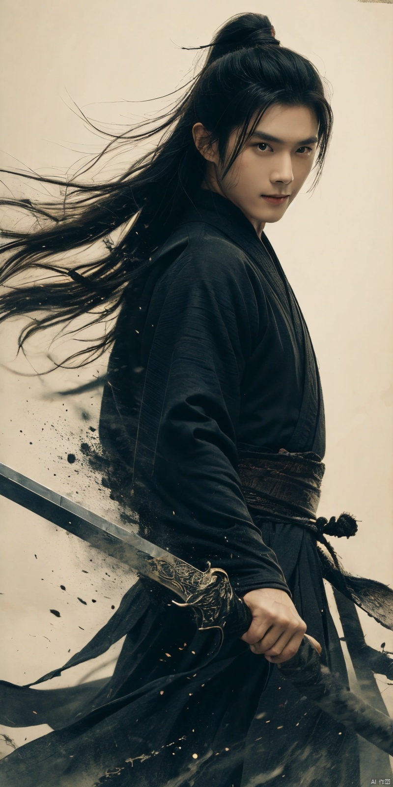  best quality, masterpiece, cowboy_shot,(Good structure), DSLR Quality,Depth of field,kind smile,looking_at_viewer,Dynamic pose, 
sdmai, wuxia, Chinese ink painting, artistic ink painting, Chinese martial arts films, wearing black robes, fighting posture, cinematic grandeur, splashing details, wild and powerful, solo, weapon, black hair, sword, long hair, male focus, looking at viewer, 1boy, scar, asuo, ((poakl)), 1girl