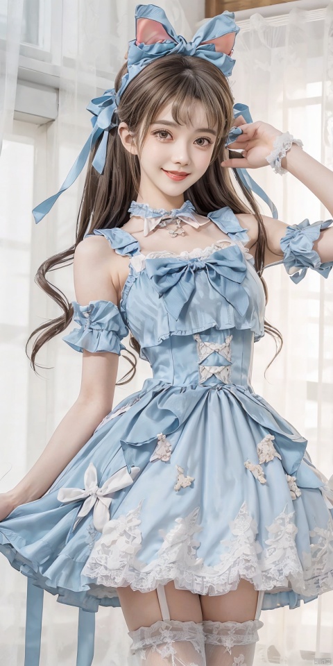 best quality, masterpiece, cowboy_shot,(Good structure), DSLR Quality,Depth of field,kind smile,looking_at_viewer,Dynamic pose, 
,,Girl, bare shoulders, blue hair, boobs, bow tie, brown eyes, cat ears, collar, ((Lolita Dress: 1.4)) , blue and white Lolita dress, wrinkled leg outfit, hand-held, lips, nose, shoulders, , alone, two-tailed, kind smile, looking at the audience, white leg costume, wrist cuffs, 1girl,,looking_at_viewer, , lolidress, ,, wangyushan,dress