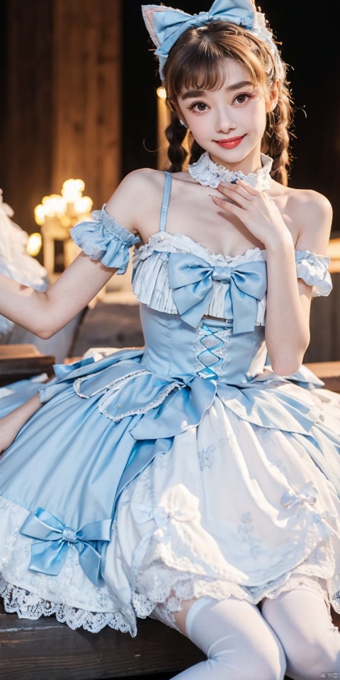  (Good structure), DSLR Quality,Depth of field,kind smile,looking_at_viewer,Dynamic pose, ,(wariza),,Girl, bare shoulders, , boobs, bow tie, ,purple eyes, cat ears, collar, ((Lolita Dress: 1.4)) , blue and white Lolita dress, wrinkled leg outfit, hand-held, lips, nose, shoulders, , alone, long_hair, kind smile, looking at the audience, white leg costume, wrist cuffs, 1girl,,looking_at_viewer, , lolidress , , , heben