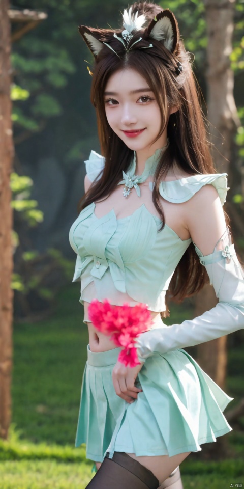 best quality, masterpiece, realistic,cowboy_shot,(Good structure), DSLR Quality,Depth of field,kind smile,looking_at_viewer,Dynamic pose, 
1girl, solo, breasts, looking at viewer, blush, , skirt, brown hair, shirt, thighhighs, navel, holding, animal ears, bare shoulders, , standing, panties, tail,, white shirt, thighs, cowboy shot, pleated skirt, ,, sleeveless, midriff, black thighhighs, indoors, miniskirt, stomach, white panties, grin, crop top, animal ear fluff, bare arms, fox ears, sleeveless shirt, fox tail, halo, pantyshot, white skirt, fox girl, brown thighhighs, cheerleader, pom pom \(cheerleading\), crop top overhang, holding pom poms,  , , yanruyu, blackpantyhose