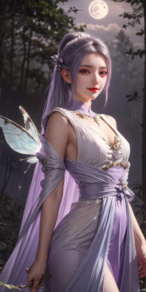  best quality, masterpiece, realistic,cowboy_shot,(Good structure), DSLR Quality,Depth of field,kind smile,looking_at_viewer,Dynamic pose, 
, professional camera, 8k photos, wallpaper 1 girl, solo,purple hair,ethereal fairy, floating on clouds, sparkling gown with iridescent butterfly wings, holding a magic wand, surrounded by dancing fireflies, twilight sky, full moon, mystical forest in the background, glowing mushrooms, enchanted flowers, softly illuminated by bioluminescence, serene expression, delicate features with pointed ears, flowing silver hair adorned with tiny stars, gentle breeze causing her dress and hair to flow ethereally, dreamlike atmosphere, surreal color palette, high dynamic range lighting, intricate details, otherworldly aesthetic.
, hand, hanyue