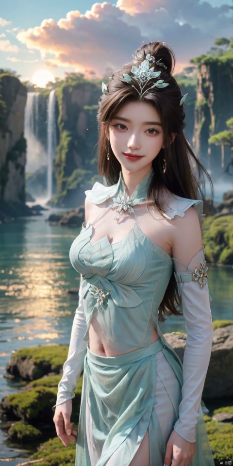  (Good structure),cowboy_shot, DSLR Quality,Depth of field ,looking_at_viewer,Dynamic pose, , kind smile,,
1girl, solo, long hair, , looking at viewer, skirt, hair ornament, bare shoulders, jewelry, , black hair, earrings, outdoors, midriff, water, necklace, lips, crop top, grey eyes, leaning forward, ocean, white skirt, strapless vest, sunset, sun, , yanruyu