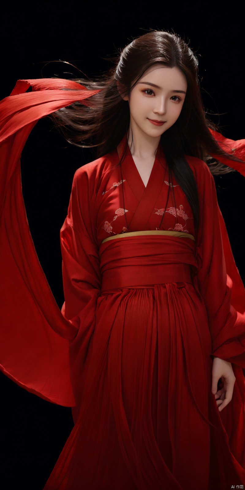  cowboy_shot, (Good structure), DSLR Quality,Depth of field ,looking_at_viewer,Dynamic pose, , kind smile,,
High detailed, masterpiece, A girl,  , solo, female focus：1.35, Tears in the eyes, [Shed tears], widow's peak, Long hair drifting away：1.5, Red, Hanfu|kimono）, /, Suspended red silk：1.35, BREAK, fine gloss,  , Oil painting texture, (Black Background: 1.3), bow-shaped hair,  , ray tracing, reflection light, anaglyph, motion blur, cinematic lighting, motion lines, Depth of field, ray tracing, sparkle, vignetting, UHD, 8K, best quality, textured skin, 1080P, ccurate, 1girl, hanikezi