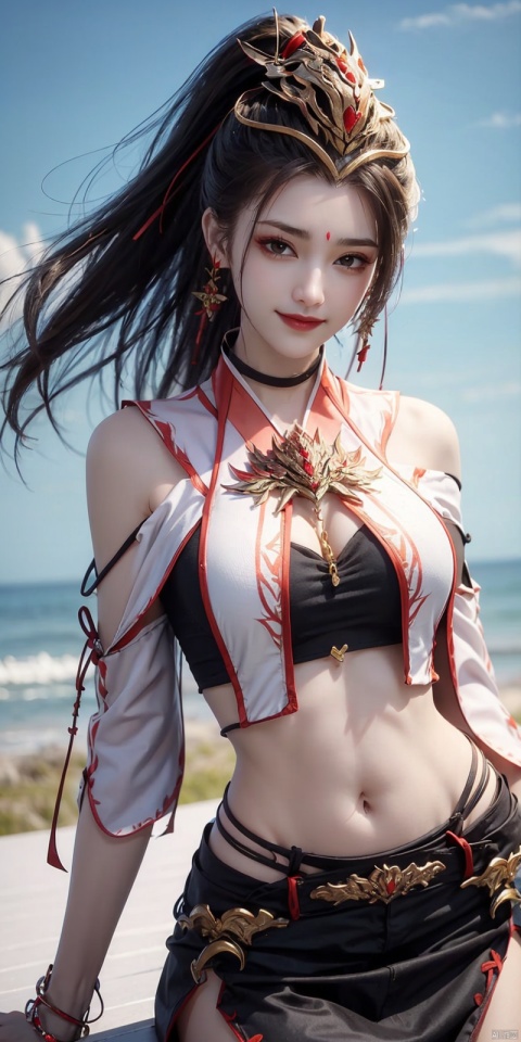  best quality, masterpiece, cowboy_shot,(Good structure), DSLR Quality,Depth of field,kind smile,looking_at_viewer,Dynamic pose
,Short skirt,Blue sky, white clouds, ocean, nai3, 1girl, solo, crop top, , choker, navel, shirt, midriff, crop top overhang, looking at viewer, white shirt, jewelry, breasts, bare shoulders, off-shoulder shirt, off shoulder, black choker, thighs, stomach, long hair, bracelet, short sleeves, ribbon, hand up, collarbone, hair ribbon, medium breasts, , bra strap, , hair ornament, thigh gap, necklace, expressionless, , , jiujiu