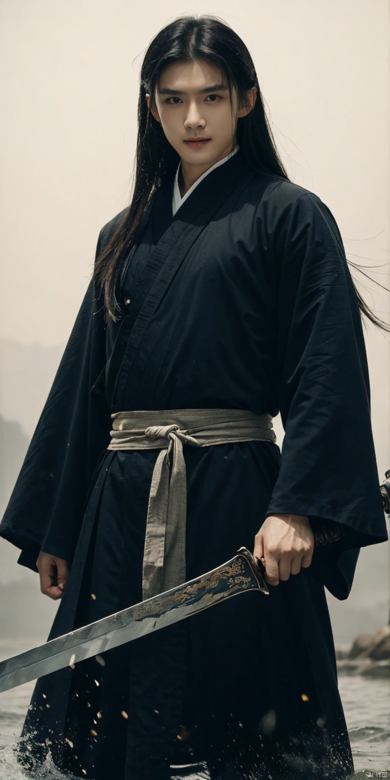  best quality, masterpiece, cowboy_shot,(Good structure), DSLR Quality,Depth of field,kind smile,looking_at_viewer,Dynamic pose, 
sdmai, wuxia, Chinese ink painting, artistic ink painting, Chinese martial arts films, wearing black robes, fighting posture, cinematic grandeur, splashing details, wild and powerful, solo, weapon, black hair, sword, long hair, male focus, looking at viewer, 1boy, scar, asuo, ((poakl)), 1girl