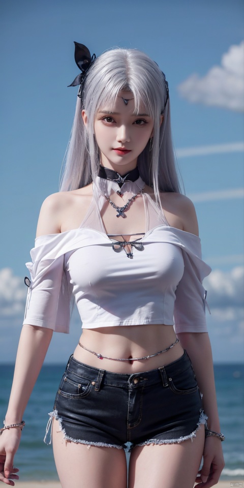 (Good structure),cowboy_shot, DSLR Quality,Depth of field ,looking_at_viewer,Dynamic pose, , kind smile,,, Blue sky, white clouds, ocean,nai3, 1girl, shorts, solo, crop top, black shorts, choker, navel, shirt, midriff, crop top overhang, looking at viewer, white shirt, jewelry, breasts, bare shoulders, short shorts, off-shoulder shirt, off shoulder, black choker, thighs, stomach, hand on own thigh, long hair, bracelet, short sleeves, ribbon, hand up, collarbone, hair ribbon, medium breasts, standing, high-waist shorts, dolphin shorts, bra strap, , hair ornament, thigh gap, necklace, expressionless, , , xiaoyixian,white_hair, 