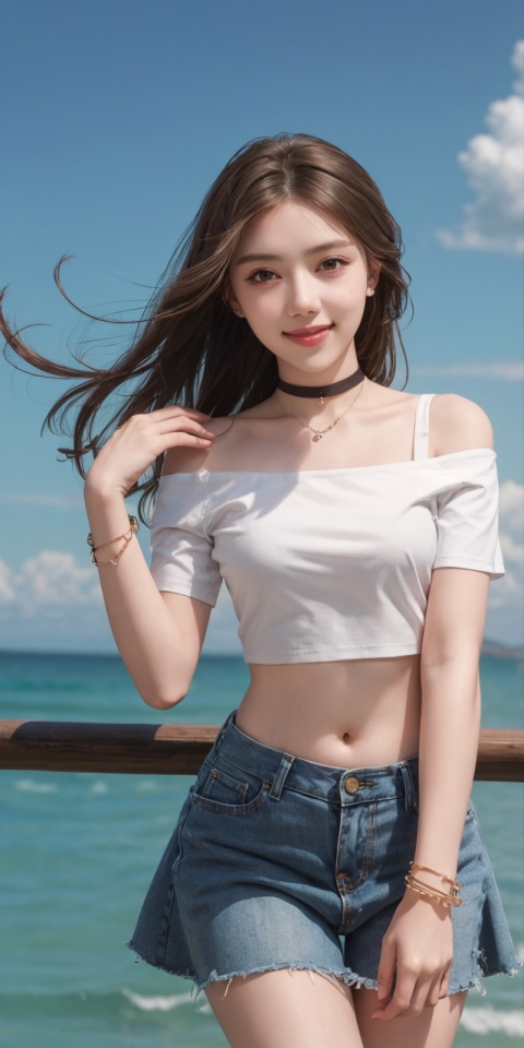  best quality, masterpiece, cowboy_shot,(Good structure), DSLR Quality,Depth of field,kind smile,looking_at_viewer,Dynamic pose, 
,Short skirt,Blue sky, white clouds, ocean, nai3, 1girl, solo, crop top, , choker, navel, shirt, midriff, crop top overhang, looking at viewer, white shirt, jewelry, breasts, bare shoulders, off-shoulder shirt, off shoulder, black choker, thighs, stomach, long hair, bracelet, short sleeves, ribbon, hand up, collarbone, hair ribbon, medium breasts, , bra strap, , hair ornament, thigh gap, necklace, expressionless, ,, ,, , ,   , heiguafu
