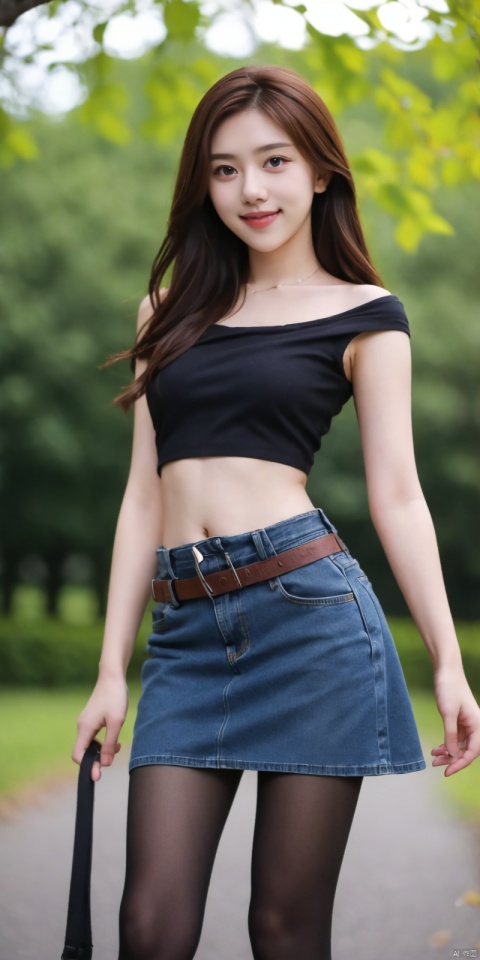  best quality, masterpiece, cowboy_shot,(Good structure), DSLR Quality,Depth of field,kind smile,looking_at_viewer,Dynamic pose,
 1girl, 3d, bare_shoulders, belt, blurry, blurry_background, blurry_foreground, branch, , , , collarbone, cosplay_photo, denim, denim_skirt, depth_of_field, , lips, long_hair, looking_at_viewer, midriff, miniskirt, motion_blur, navel, outdoors, photo_\(medium\), realistic, skirt, solo, standing, tree, , , , blackpantyhose, ,  , heiguafu