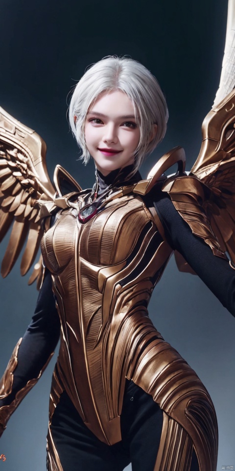 best quality, masterpiece, cowboy_shot,(Good structure), DSLR Quality,Depth of field,kind smile,looking_at_viewer,Dynamic pose,
1 girl,archangel,Holy Power,Metallicity,egyptian yellow, render,technology, (best quality) (masterpiece), (highly in detailed), 4K,Official art, unit 8 k wallpaper, ultra detailed, masterpiece, best quality, extremely detailed,CG,low saturation, , ,short_hair,jiuhuangnv,white_hair