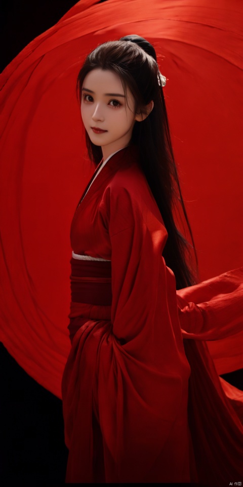  cowboy_shot, (Good structure), DSLR Quality,Depth of field ,looking_at_viewer,Dynamic pose, , kind smile,,
High detailed, masterpiece, A girl,  , solo, female focus：1.35, Tears in the eyes, [Shed tears], widow's peak, Long hair drifting away：1.5, Red, Hanfu|kimono）, /, Suspended red silk：1.35, BREAK, fine gloss,  , Oil painting texture, (Black Background: 1.3), bow-shaped hair,  , ray tracing, reflection light, anaglyph, motion blur, cinematic lighting, motion lines, Depth of field, ray tracing, sparkle, vignetting, UHD, 8K, best quality, textured skin, 1080P, ccurate, 1girl, hanikezi