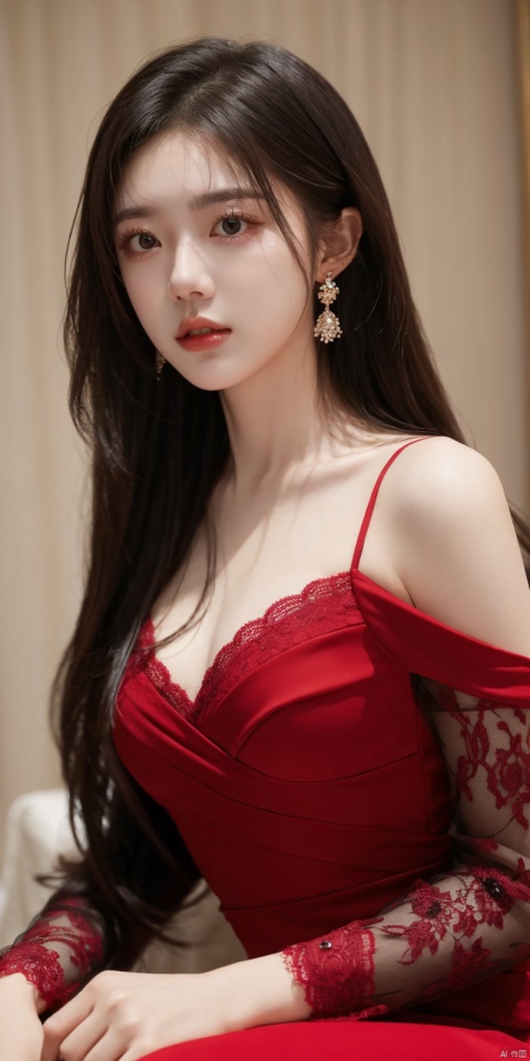  best quality, masterpiece, 
1girl, solo, long hair, breasts, looking at viewer, black hair, dress, jewelry, earrings,lace, red dress, realistic