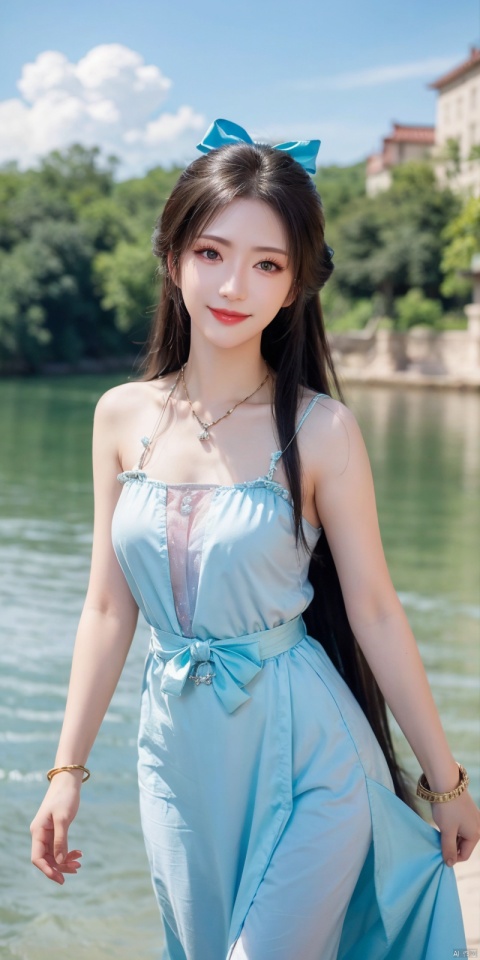  best quality, masterpiece, realistic, ,(Good structure), DSLR Quality,Depth of field,kind smile,looking_at_viewer,Dynamic pose, 
1girl, solo, long hair, breasts, looking at viewer, blush, , bangs, blue eyes,, dress, bow, , bare shoulders, jewelry, very long hair, collarbone,  , , hair bow, thighs, outdoors, sky, sleeveless, day, cloud, water, necklace,  dress, hair over one eye, bracelet, blue sky, blue bow, wading, pendant, doll, skirt hold, rainbow, anastasia \(fate\),
, nangongwan