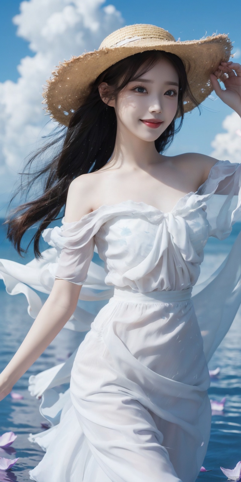 best quality, masterpiece, cowboy_shot,(Good structure), DSLR Quality,Depth of field,kind smile,looking_at_viewer,Dynamic pose, 
, depth of field, (1girl:1.2), , very long hair, low twintails, yellow eyes, light smile, Straw hat, looking at viewer,
white shirt, white skirt, (flying white chiffon:1.5), bare shoulder,
(flying blue petals:1.2), (standing above water surface), sky background, (cloud:1.2), white bird, floating water drops, (white border:1.2)
, backlight,lizhien