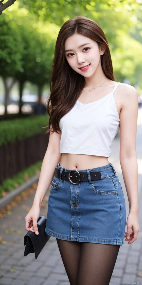  best quality, masterpiece, cowboy_shot,(Good structure), DSLR Quality,Depth of field,kind smile,looking_at_viewer,Dynamic pose,
 1girl, 3d, bare_shoulders, belt, blurry, blurry_background, blurry_foreground, branch, , , , collarbone, cosplay_photo, denim, denim_skirt, depth_of_field, , lips, long_hair, looking_at_viewer, midriff, miniskirt, motion_blur, navel, outdoors, photo_\(medium\), realistic, skirt, solo, standing, tree, , , , blackpantyhose, ,  , heiguafu,brown_hair