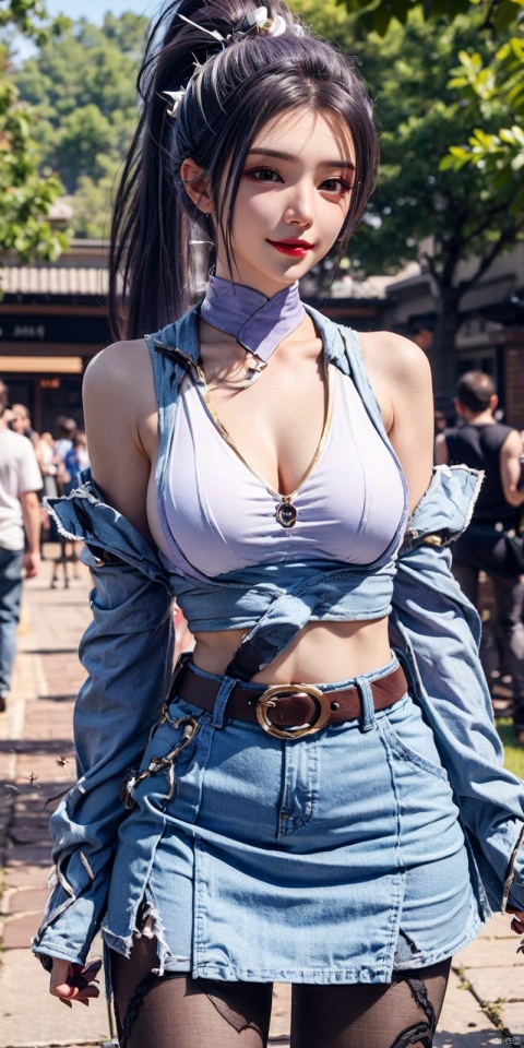  best quality, masterpiece, cowboy_shot,(Good structure), DSLR Quality,Depth of field,kind smile,looking_at_viewer,Dynamic pose,
 1girl, 3d, bare_shoulders, belt, blurry, blurry_background, blurry_foreground, branch, , , , collarbone, cosplay_photo, denim, denim_skirt, depth_of_field, , lips, long_hair, looking_at_viewer, midriff, miniskirt, motion_blur, navel, outdoors, photo_\(medium\), realistic, skirt, solo, standing, tree, , , , , hanyue, high ponytail, purple hair, blackpantyhose