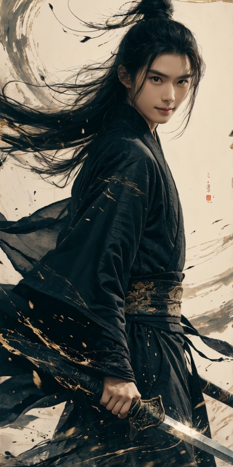  best quality, masterpiece, cowboy_shot,(Good structure), DSLR Quality,Depth of field,kind smile,looking_at_viewer,Dynamic pose, 
sdmai, wuxia, Chinese ink painting, artistic ink painting, Chinese martial arts films, wearing black robes, fighting posture, cinematic grandeur, splashing details, wild and powerful, solo, weapon, black hair, sword, long hair, male focus, looking at viewer, 1boy, scar, asuo, ((poakl)), 1girl