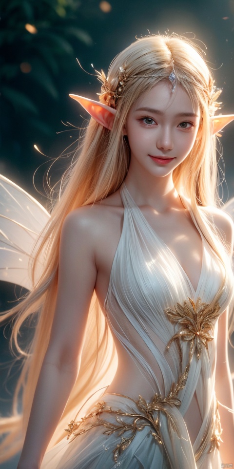  cowboy_shot, (Good structure), DSLR Quality,Depth of field ,looking_at_viewer,Dynamic pose, , kind smile,,
The fairy appears with long, flowing hair, strands of which move gracefully in the breeze like tendrils of pure light,She has delicate pointed ears, Her wings are a translucent white,
1girl,Wings, glow, fairies, long hair,elf,
masterpiece, best quality, 1girl,extremely sexy,delicate,cinematic lighting, professional lighting, photon mapping, physically-based rendering, solo focus,sharp focus,(((Dispersive light))),light rays,Tyndall effect, light tracks,, cinematic shadows, film grain,,Canon RF 85mm f/1.2L 85mm,yuzu,crystal,peafect body,,pose for picture,jingling