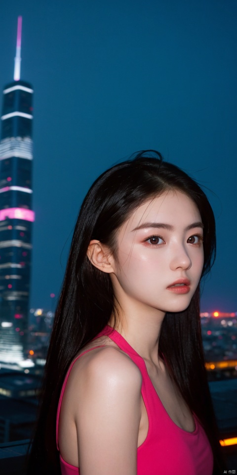  neonpunk style Neon noir leogirl,hANMEIMEI,realistic photography,,On the rooftop of a towering skyscraper,a girl stands,facing the camera directly. Behind her,a multitude of skyscrapers stretches into the distance,creating a breathtaking urban panorama. It's the perfect dusk moment,with the evening sun casting a warm glow on the girl's face,intensifying the scene's impact. The photo captures a sense of awe,with the sharpness and realism making every detail vivid and clear,Hair fluttered in the wind,long hair,halterneck, . cyberpunk, vaporwave, neon, vibes, vibrant, stunningly beautiful, crisp, detailed, sleek, ultramodern, magenta highlights, dark purple shadows, high contrast, cinematic, ultra detailed, intricate, professional, Light master,, , yunv