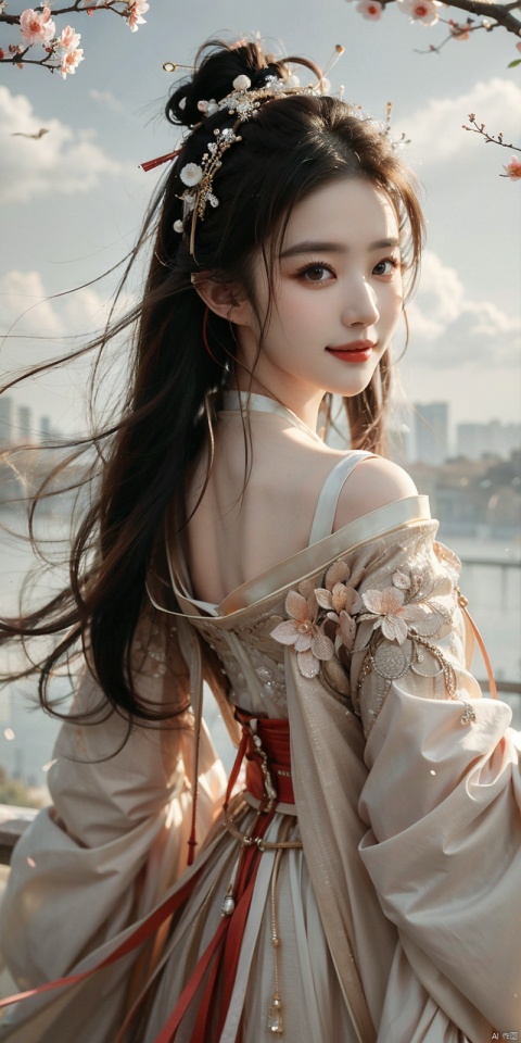  best quality, masterpiece, cowboy_shot,(Good structure), DSLR Quality,Depth of field,kind smile,looking_at_viewer,Dynamic pose, 
 ,a girl,xianjing,Off-the-shoulder, bust photo,upper body,, Cloud, Smoke,branch,flower, smile,Gaze at the audience, , ((poakl)), ,looking_at_viewer,kind smile, , liuyifei,long_hair, chineseclothes, 1girl