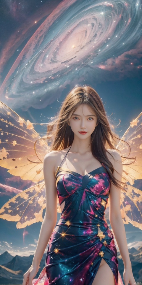  best quality, masterpiece, cowboy_shot,(Good structure), DSLR Quality,Depth of field,kind smile,looking_at_viewer,Dynamic pose, 
, 1girl, wings, solo, nebula wings, , long hair, navel, dress, pink wings, looking at viewer, star \(sky\), , , bare shoulders, sky, starry sky, collarbone, realistic, nebula,,, , xuancaiqun, , , wangyushan